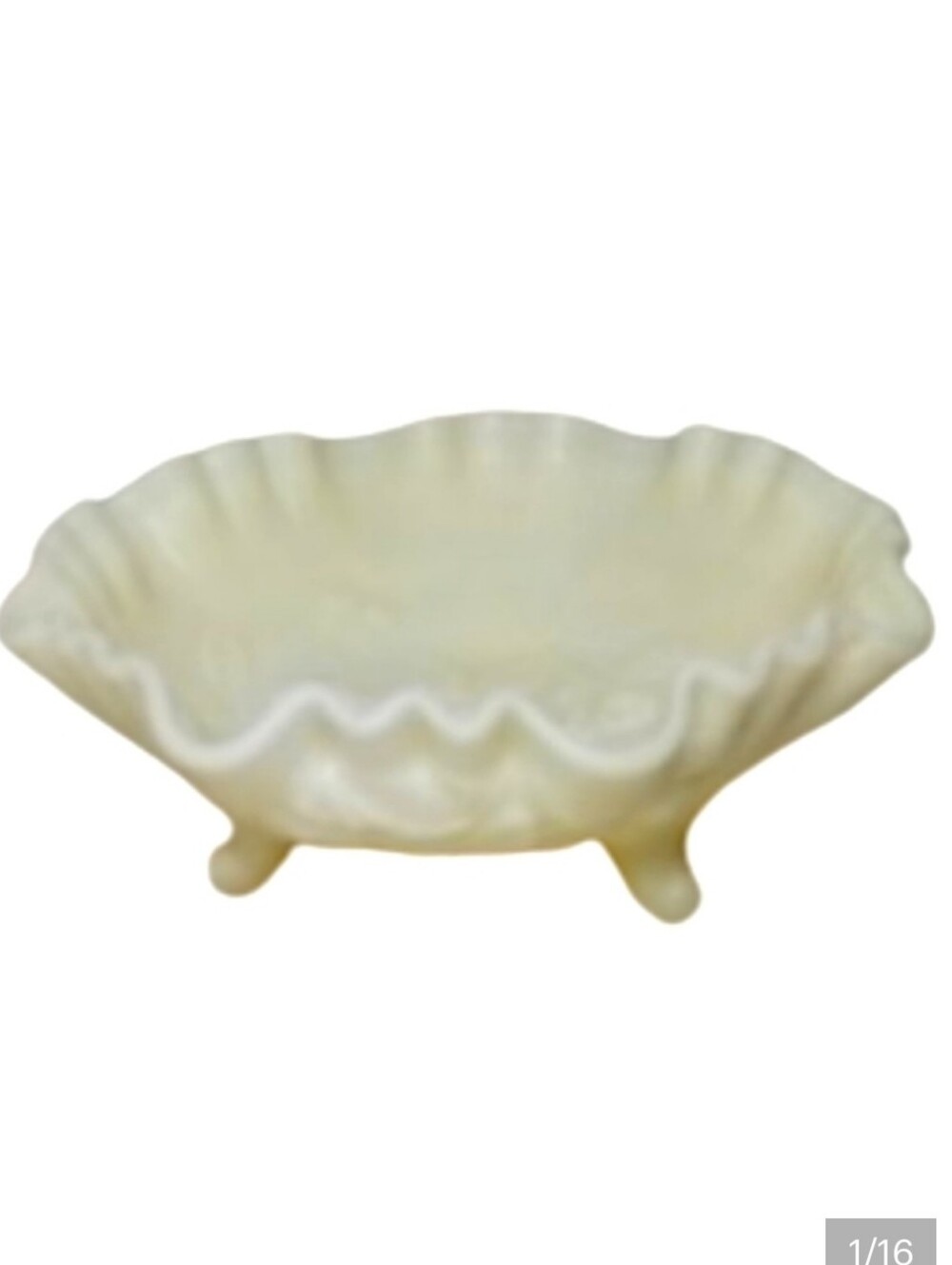 Imperial  White Milk Glass Embossed Roses Footed Ruffle Edge Bowl